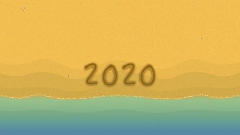 loop 2020 handwriting at the beach. repetitive wave motion. top view of sunny beach, handwritten 2020 lettering. happy new year. 2d 4k animation footage