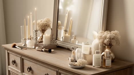 elegant vanity table with candles and beauty products