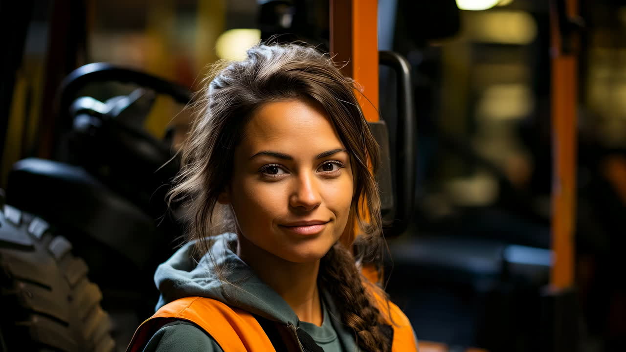 Young worker in warehouse. A woman in an orange vest looks down, concentrating on her work in a bustling warehouse filled with machinery