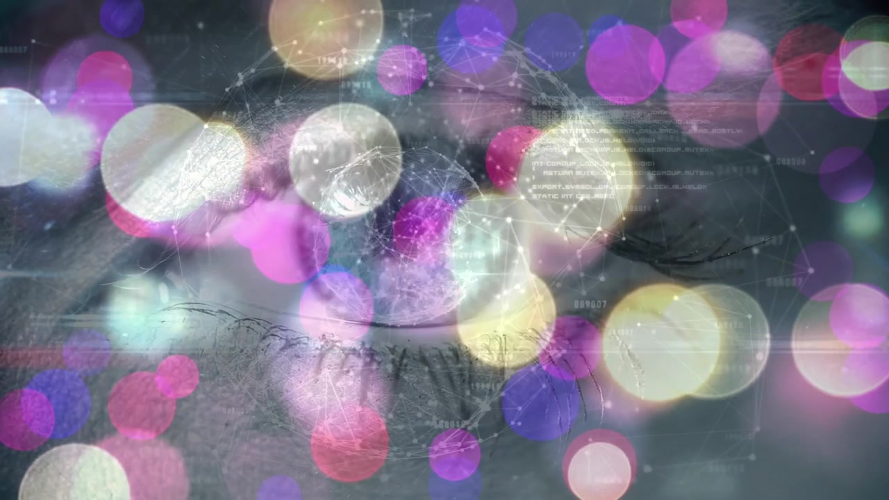Animation af globus og skærme med mosaikfirkanter over et serverrum.