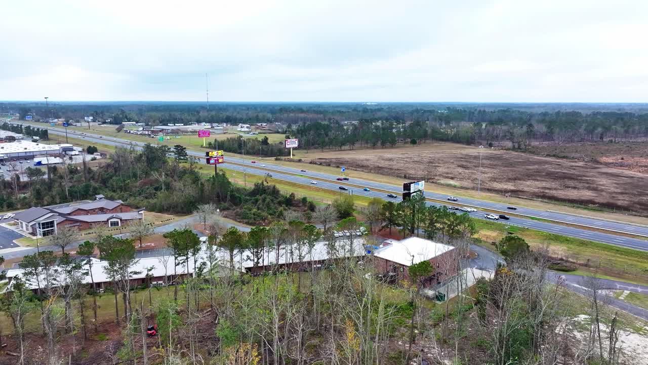 Aerial View Of Road Traffic On The Countryside Town In Georgia, USA.
