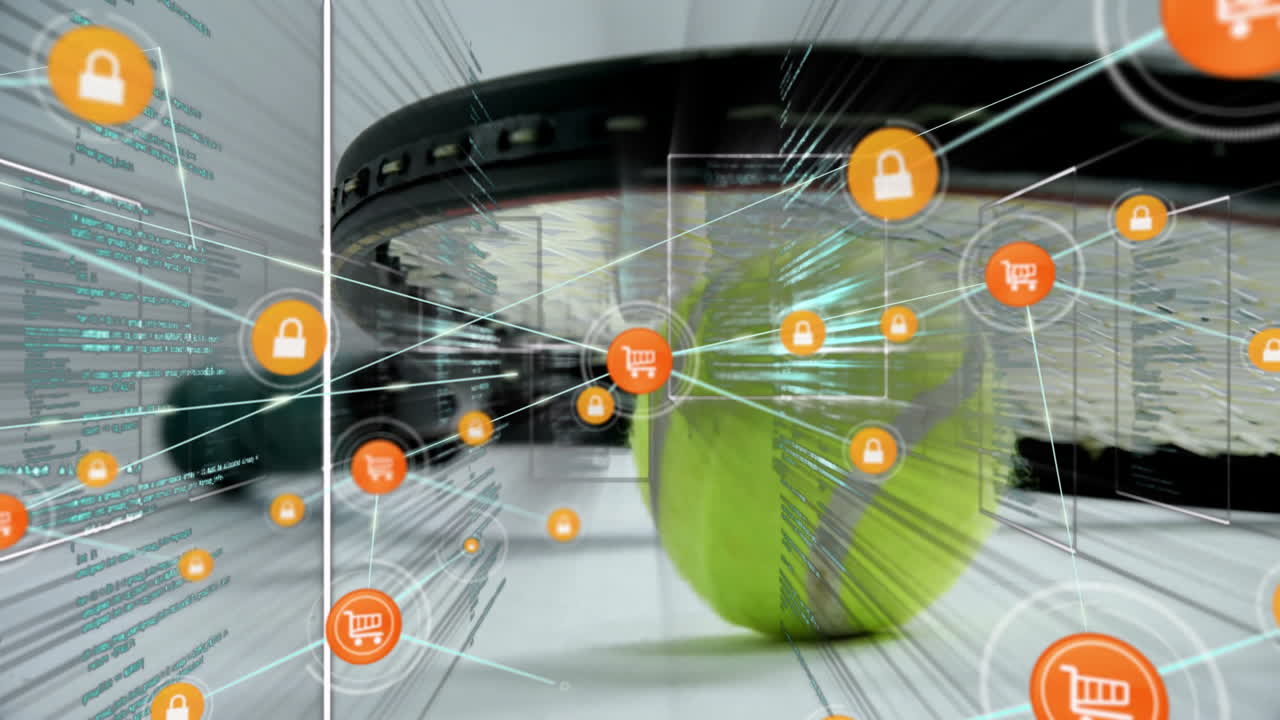 Tennis ball bouncing in racket strings, connecting shopping cart and lock icons with network lines