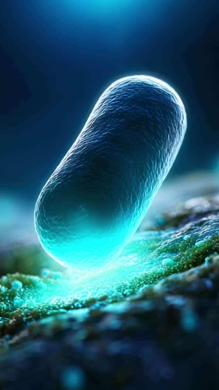 Illustrazione ravvicinata di un batterio luminescente che mette in mostra la sua struttura unica e i colori vivaci su uno sfondo etereo sfocato, enfatizzando i sistemi biologici
