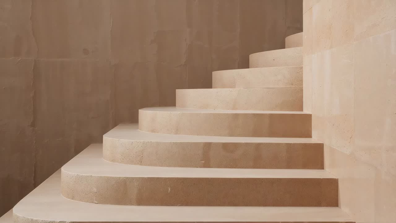 Following slow camera adjusting curved stone staircase rising to right in stairwell, showing seams