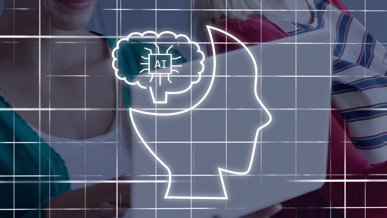 Two women tapping tablet adding laptop, starting grid; neon head animating brain AI binary, working