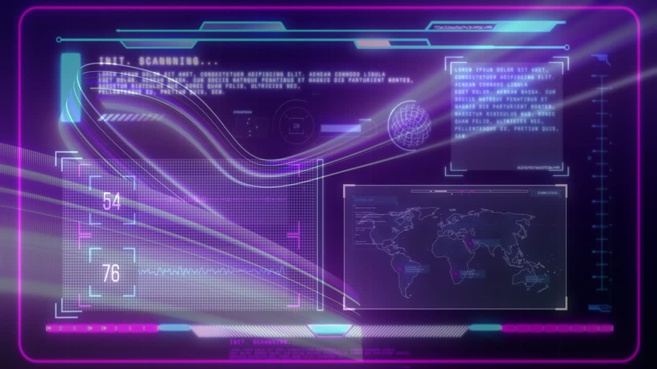Holo HUD running auto scan over dotted grid, updating readouts, pulsing waveform for analytics