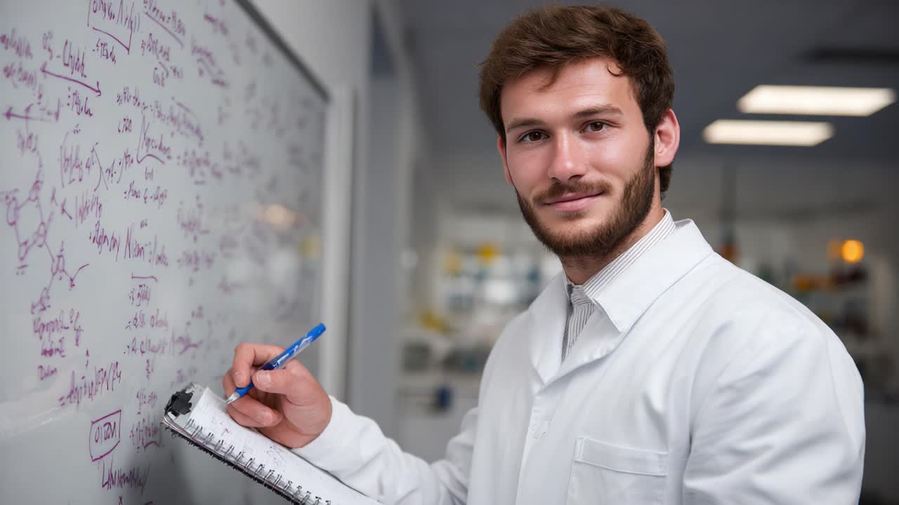A focused researcher in a lab setting diligently documenting experiments on a whiteboard filled with chemical formulas and research notes, showcasing a commitment to scientific discovery