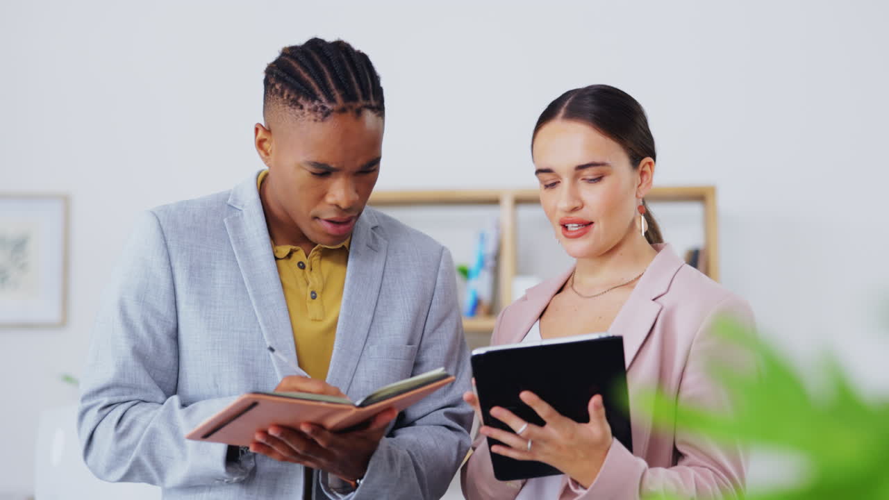 Planning, digital tablet and business people