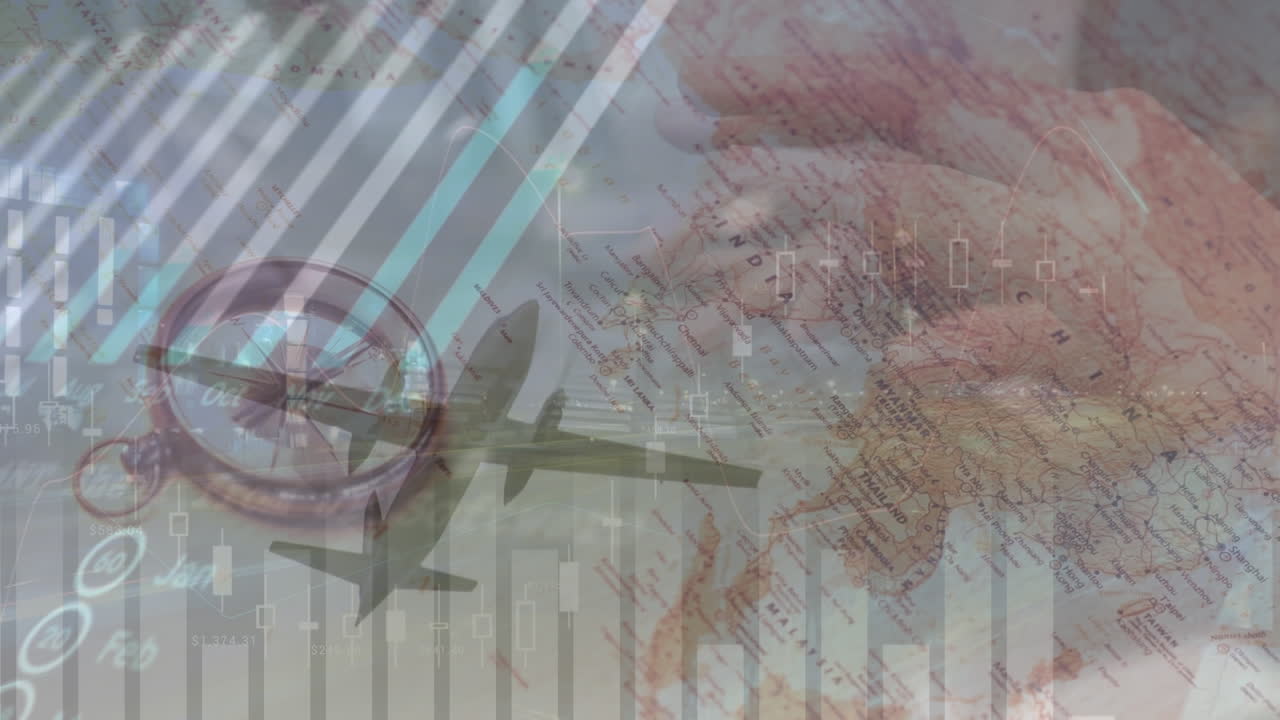 그래프, 데이터 및 평면의 애니메이션 키보드에 타이핑하는 백인 남자의 손을 통해