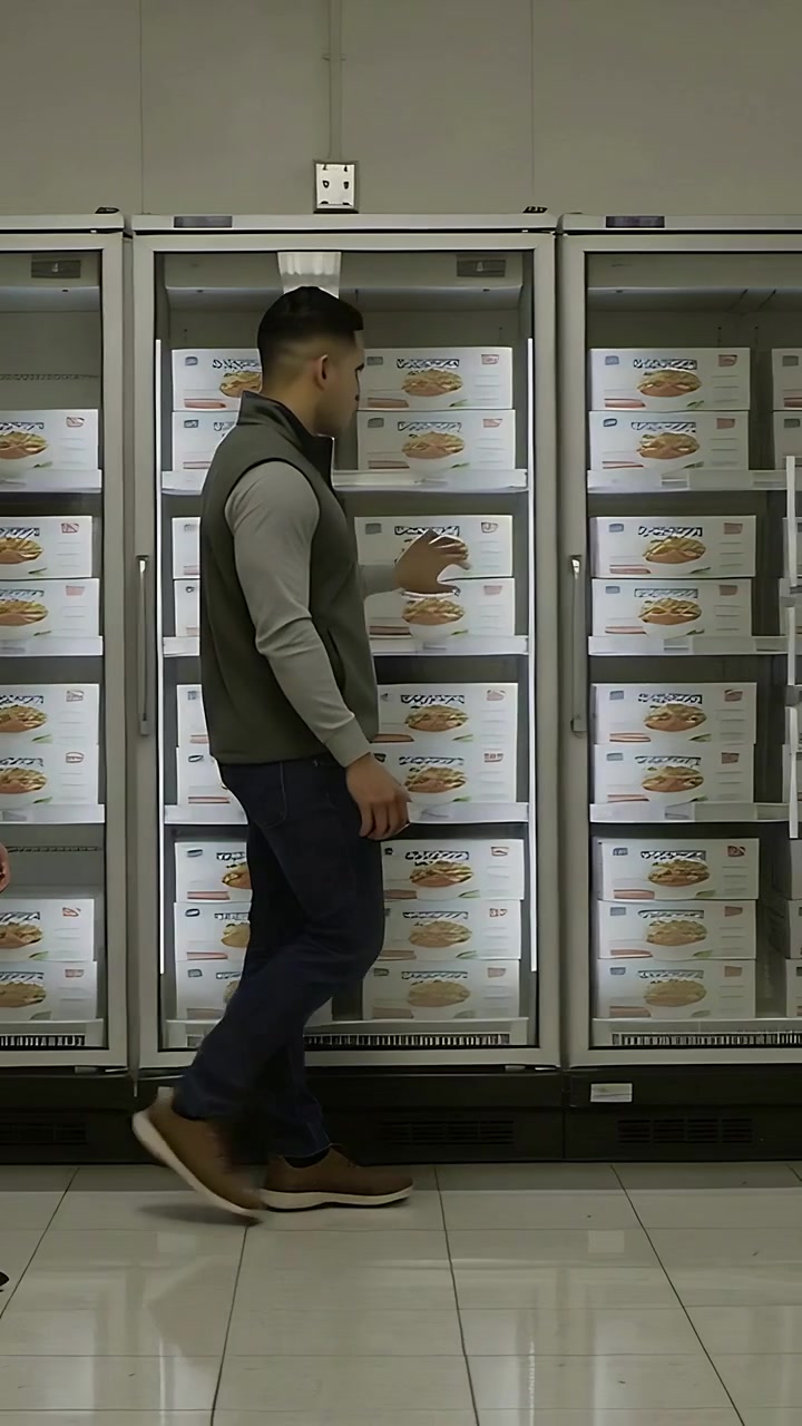 Video verticale: Uomo che cammina con gilet che vede delle scatole, tocca la porta del congelatore nel corridoio del supermercato, controllando