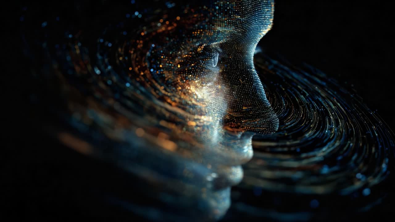 An Artistic Representation of a Digital Face Merging with a Swirling Pattern of Light and Particles, Highlighting the Intersection of Technology and Humanity through Innovative Visualization Techniques