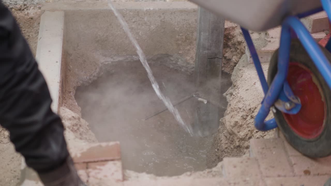 Pouring concrete mix out of wheelbarrow into a hole full of water surrounding a timper post