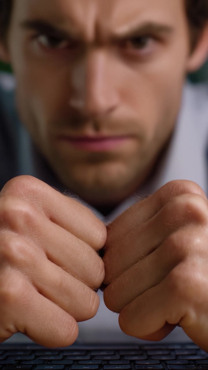 Concentrazione intensa: i pugni chiusi di un uomo mostrano determinazione e concentrazione mentre lavora al laptop, catturando un momento di solido impegno e risolutezza.