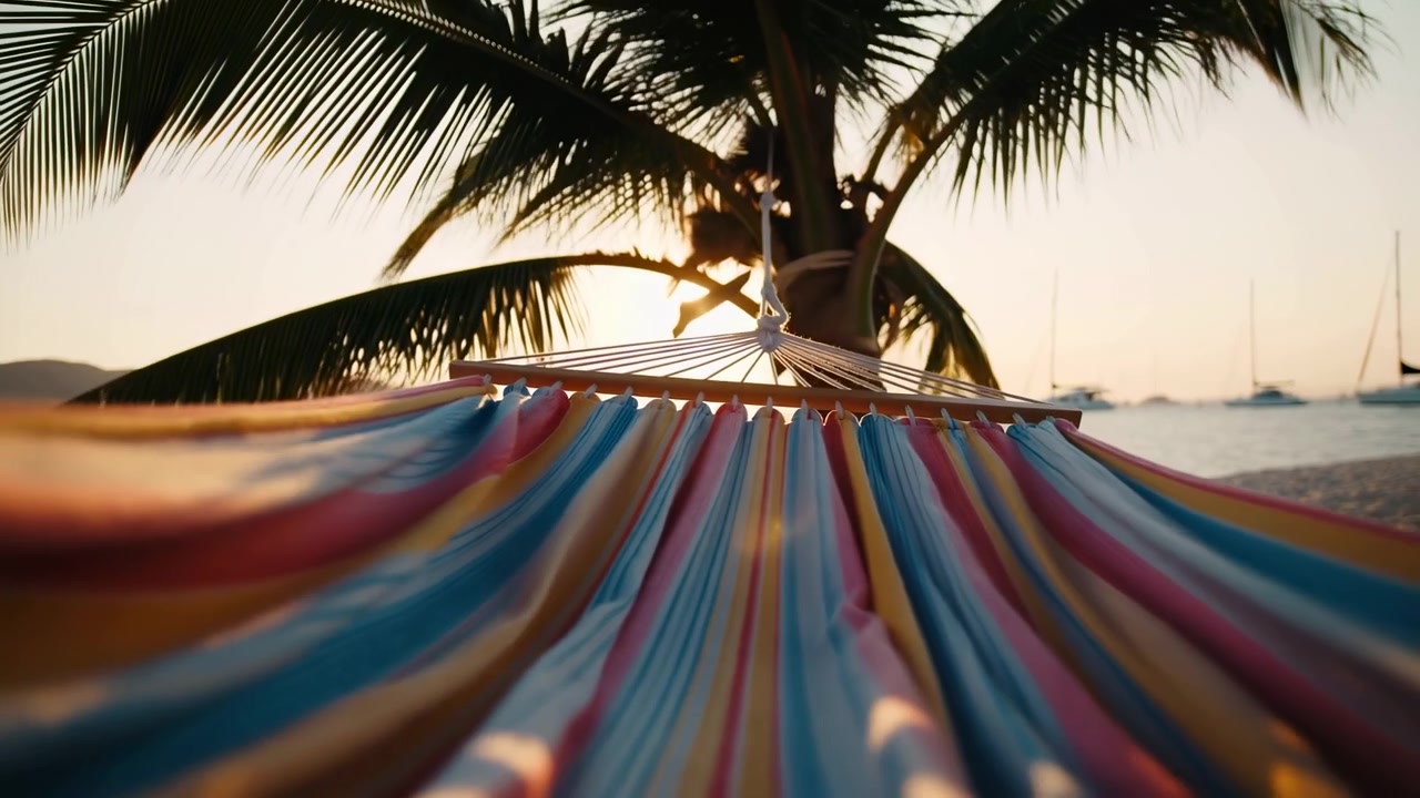 Scena di spiaggia al tramonto ripresa dal basso con un'amaca a strisce colorate legata a una palma, che oscilla dolcemente in controluce caldo accanto alla riva sabbiosa, cielo luminoso, vista sull'oceano tropicale e un'atmosfera di vacanza tranquilla.