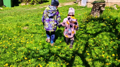 children walk hand in hand through dandelion-filled yard on sunny day