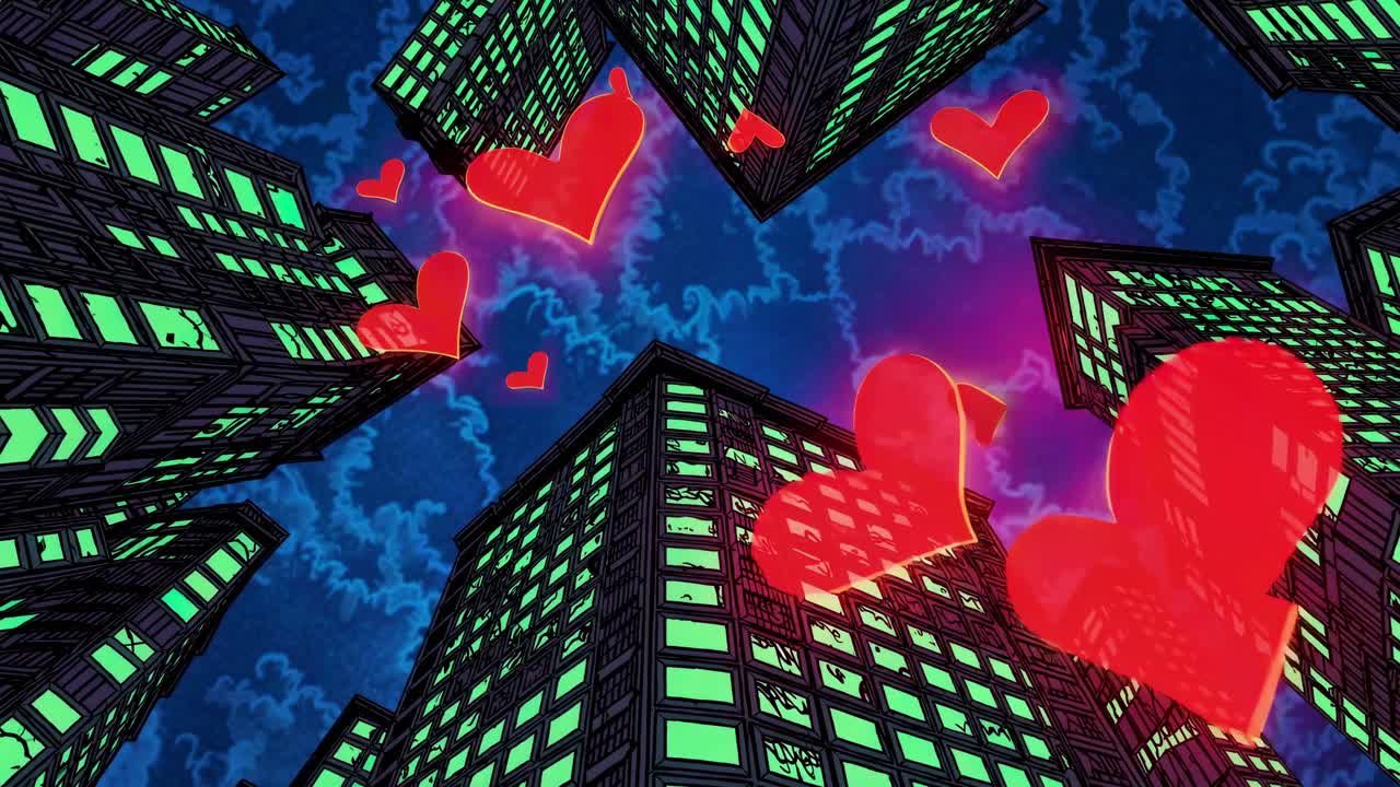 Vibrant red hearts drifting across surreal cityscape, featuring green architectural structures against dark blue night sky, representing romantic urban fantasy and emotional connection