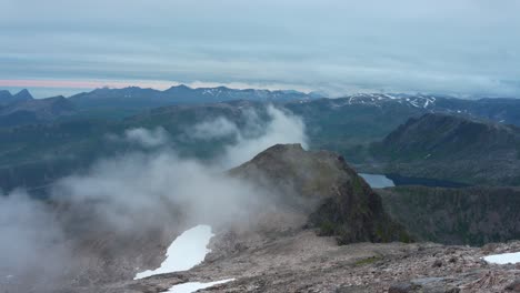 Mountains-Covered-In-Fog-In-Kvaenan,-Senja-Island,-Norway---wide