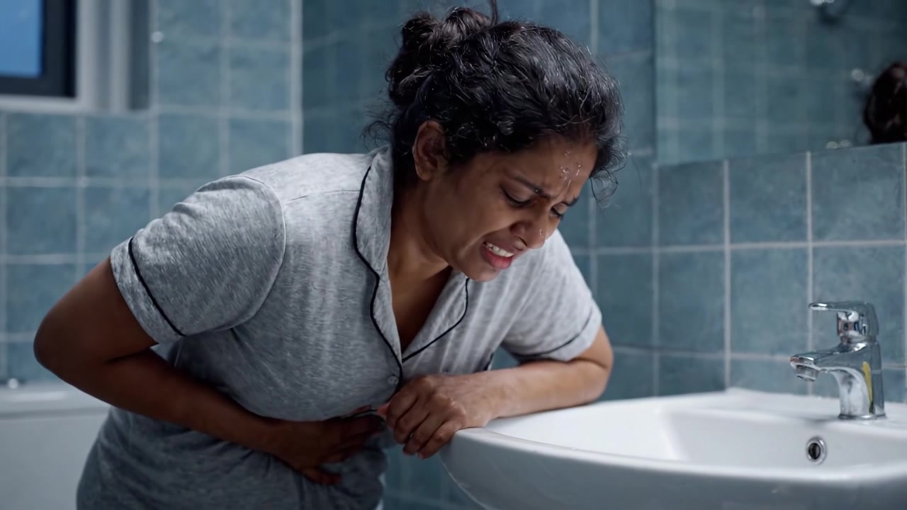 A woman in a bathroom displaying intense discomfort, clutching her stomach, expressing pain and distress in a relatable struggle that many can understand.