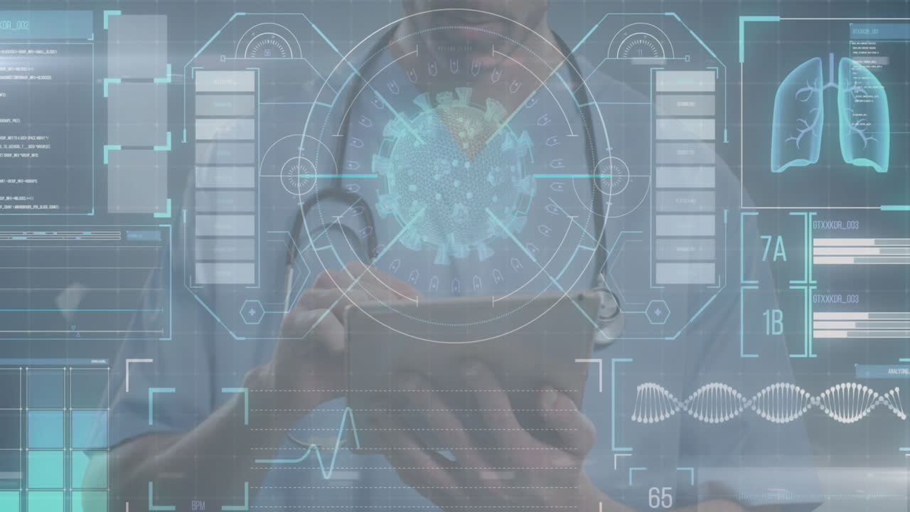 디지털 태블릿을 사용하는 의사의 중간 섹션에 대한 의료 데이터 처리와 디지털 인터페이스