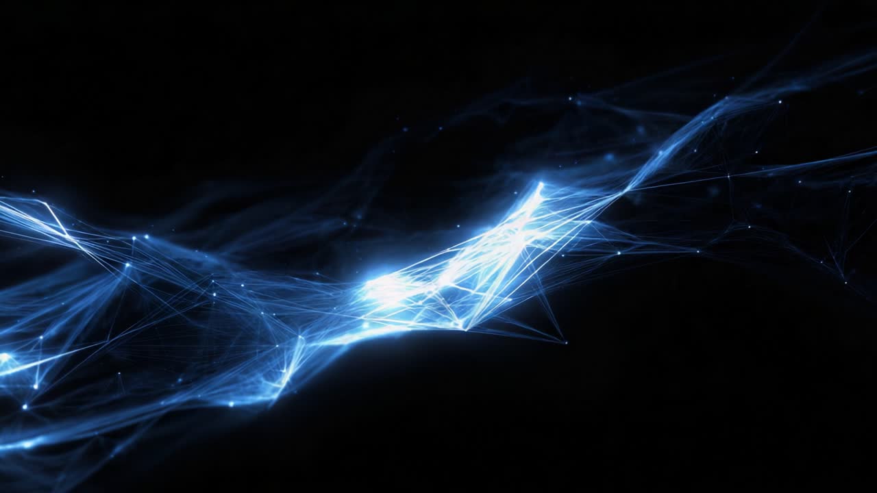 A mesmerizing view of interconnected blue particles forming a dynamic network across a dark backdrop, illustrating the beauty of scientific visualization in data representation and abstract art
