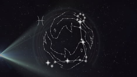 animación de reflectores en estrellas conectadas que forman el símbolo de piscis contra un fondo negro