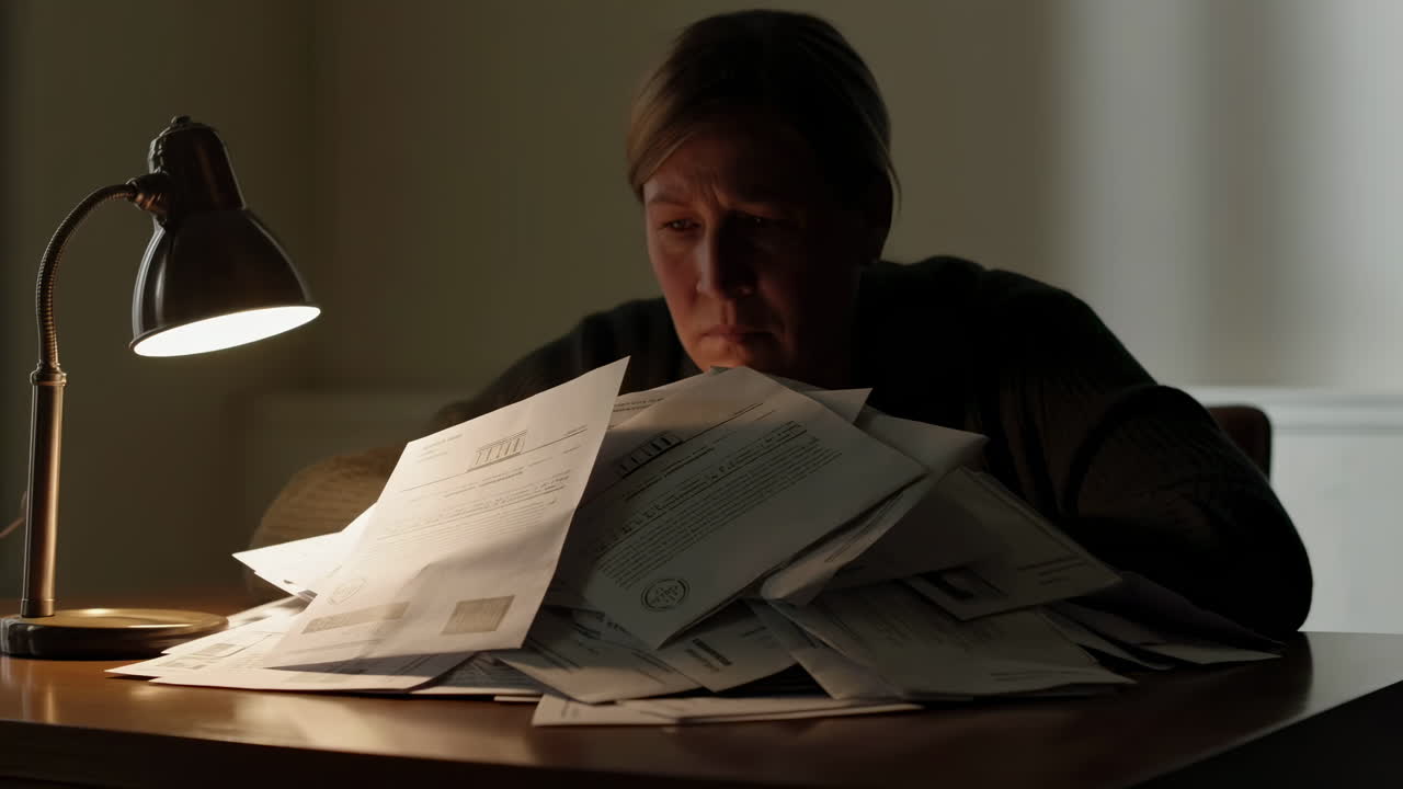 Stressed Woman Overwhelmed by Pile of Financial Bills and Documents