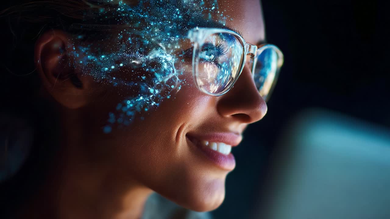 A close-up portrait of a smiling woman wearing glasses, exuding confidence and positivity, illuminated by glowing digital effects that enhance her expressive features and thoughtful gaze
