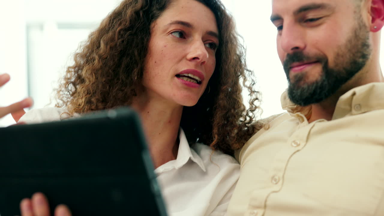 Couple bond, tablet and laughing man