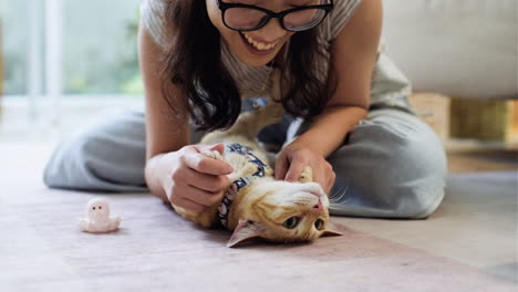 mujer acariciando a un gato