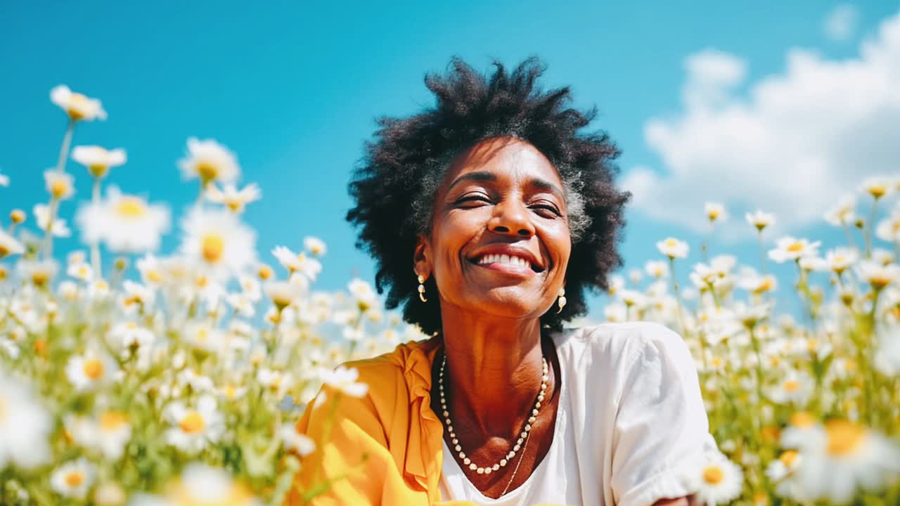 Happy Senior Woman in a Field of Flowers
