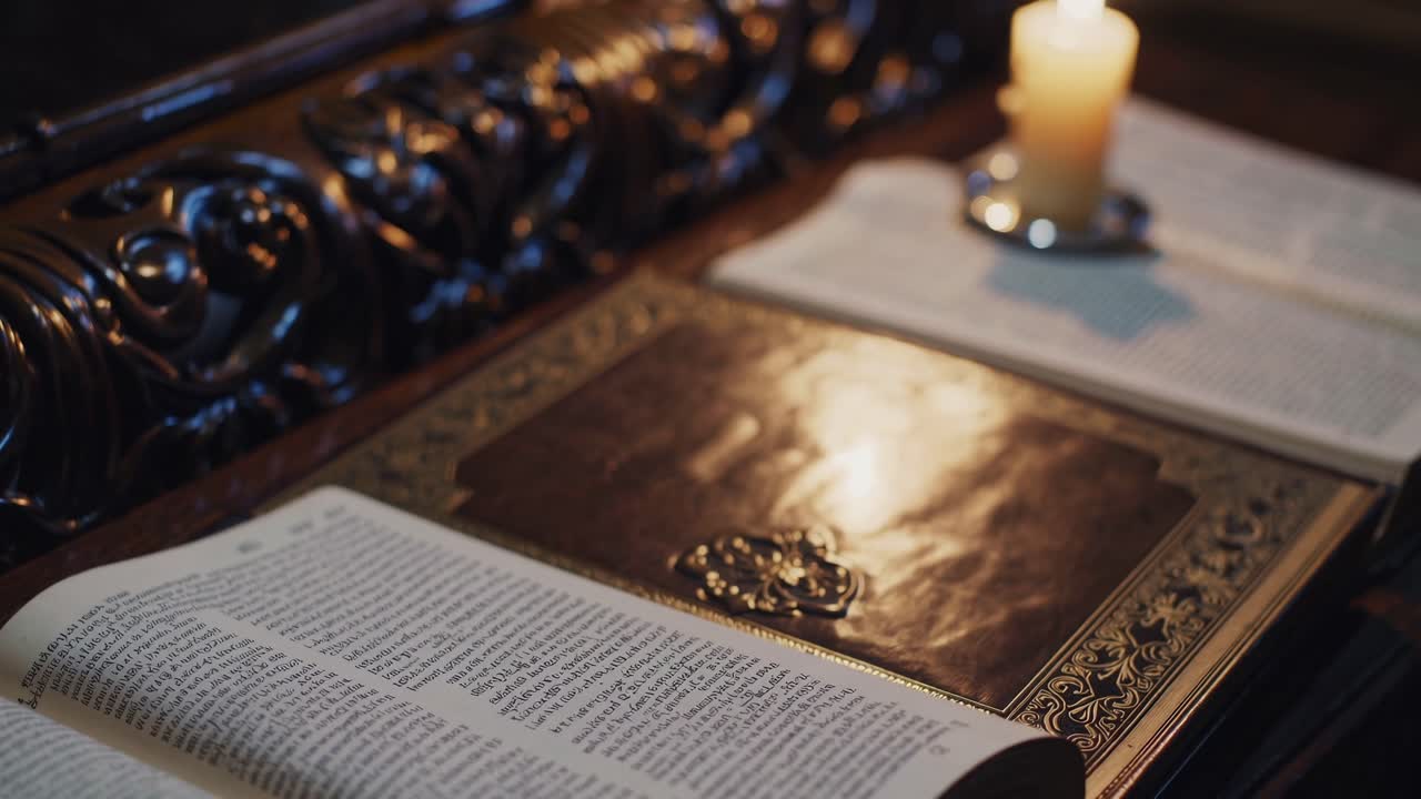 Close-up, angled shot of an open book on an ornate wooden table, capturing the texture and detail