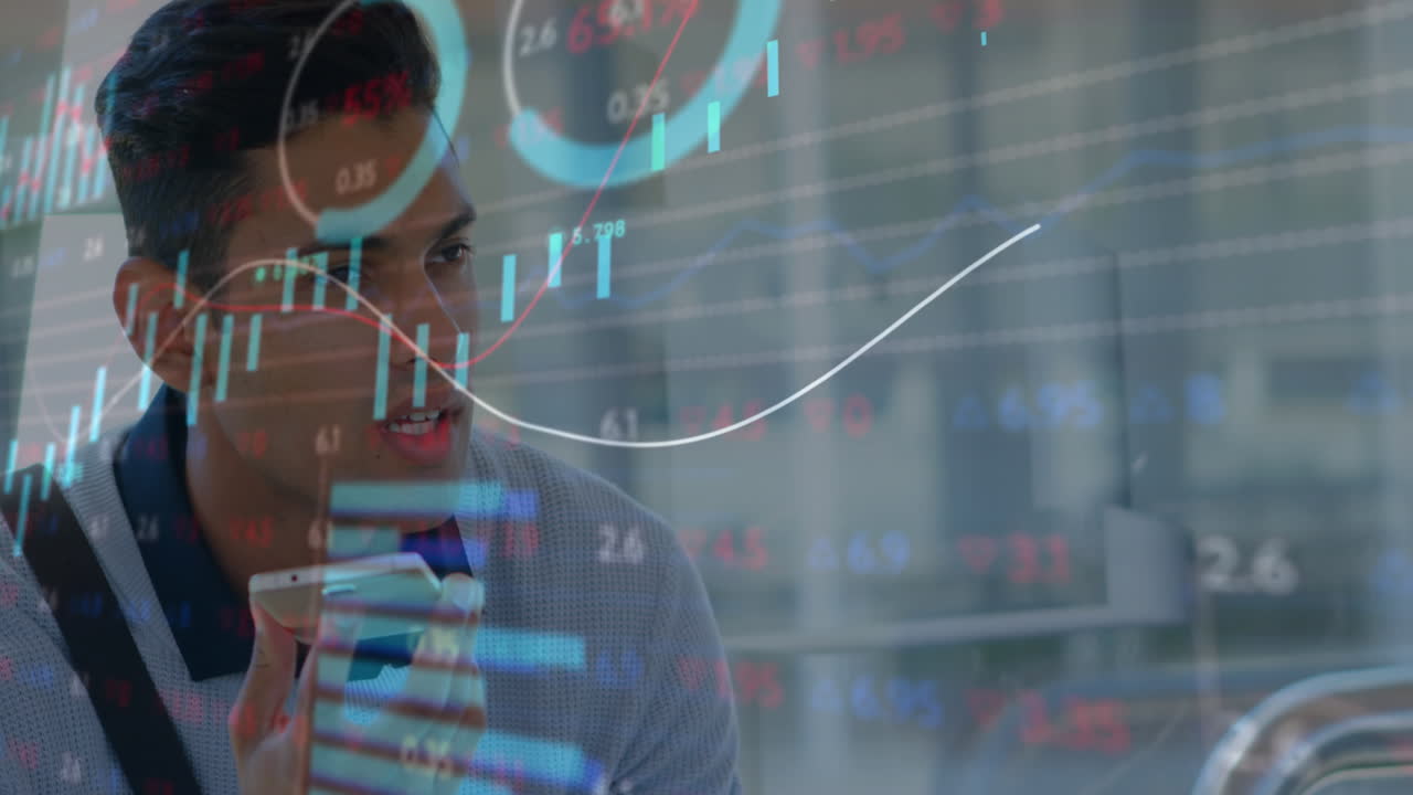 Animation of stock market data processing over biracial man talking on smartphone outdoors