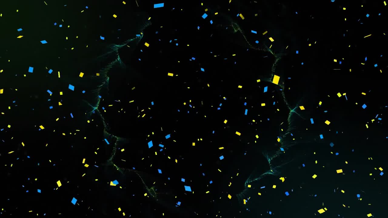 Digital animation of confetti falling against green digital waves on black background