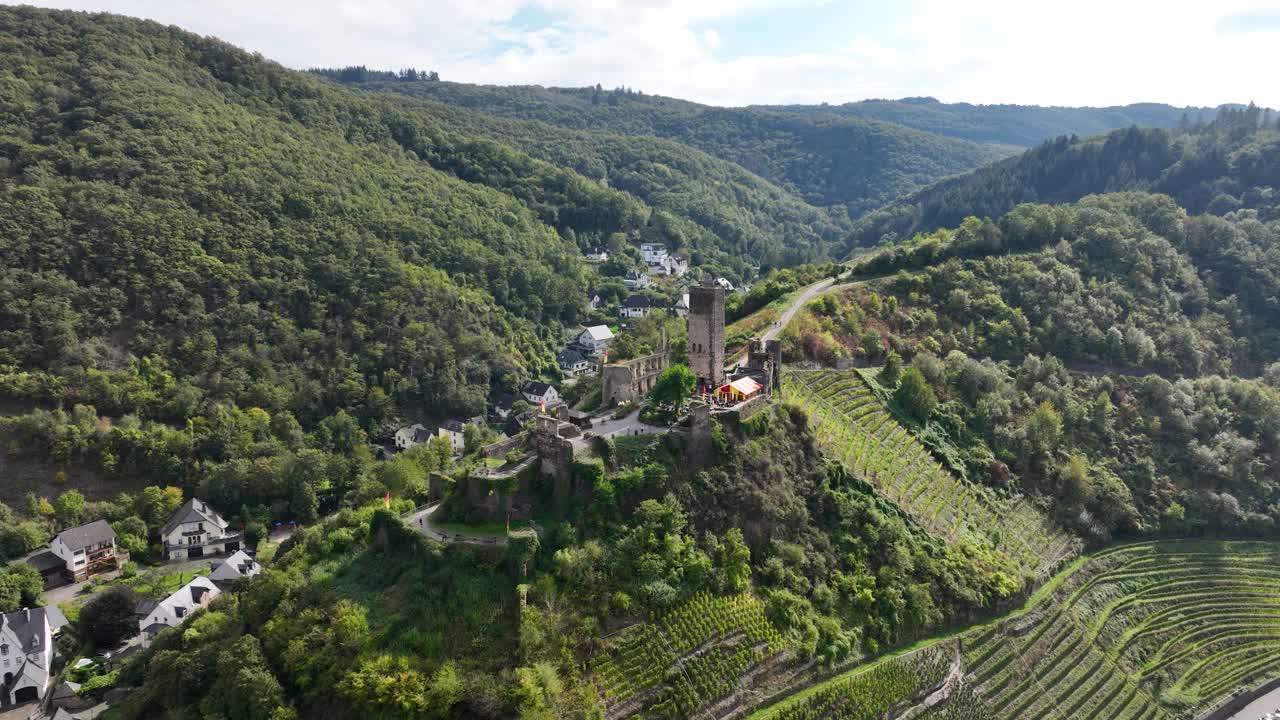 Aerial View of a Castle Ruin in a Picturesque German Vineyard