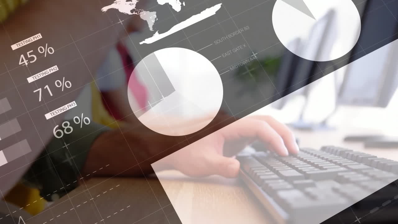 Animaatio datankäsittelystä valkoihoisen liikemiehen yllä, joka käyttää tietokonetta ja puhelinheadsetia.
