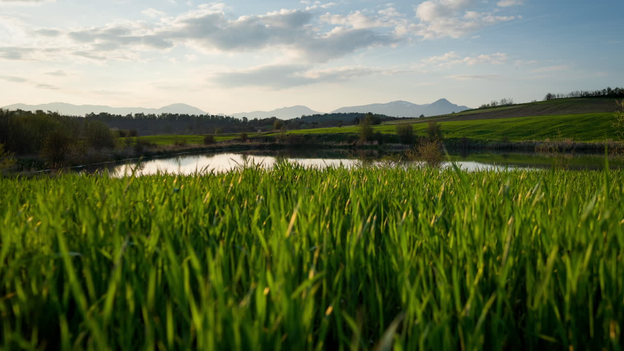 Timelapse, montagna, campo di grano, lago, vetta, distanza, sfondo blu, nuvole in movimento, tramonto.