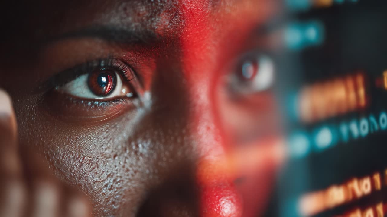 A Close-Up of Focused Determination: Engaging Eyes Reflecting Technology and Code in a Deep Contemplation of the Digital World