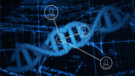 animation of data processing and media icons over dna strand