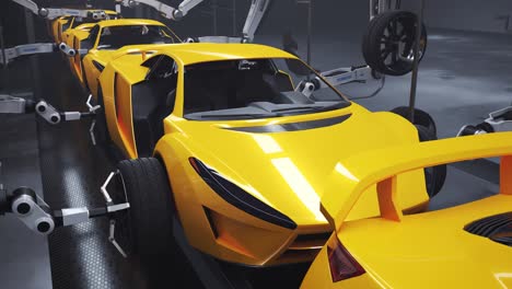 Modern,-automated-car-factory-manufacturing-supercars.-Robotic-arms-creating-slick,-exotic,-powerful-vehicles-in-a-long-assembly-line.-Fast,-efficient,-futuristic-automotive-engineering-and-production