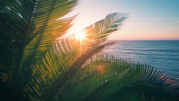 Tropical beach sunset with palm trees