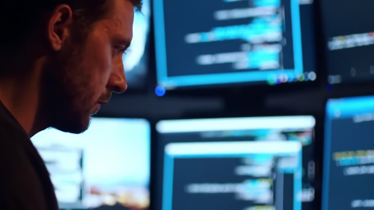 Focused Individual Analyzing Data on Multiple Screens in a Dimly Lit Environment, Exhibiting Concentration and Dedication to Technology