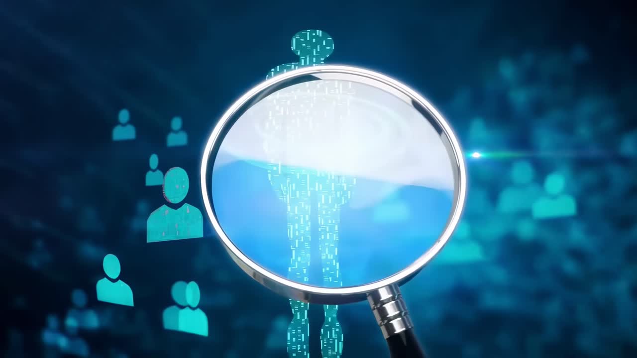 Vergrootglas over digitale figuren, schuin aanzicht. Futuristisch videoconcept van data-analyse. Live