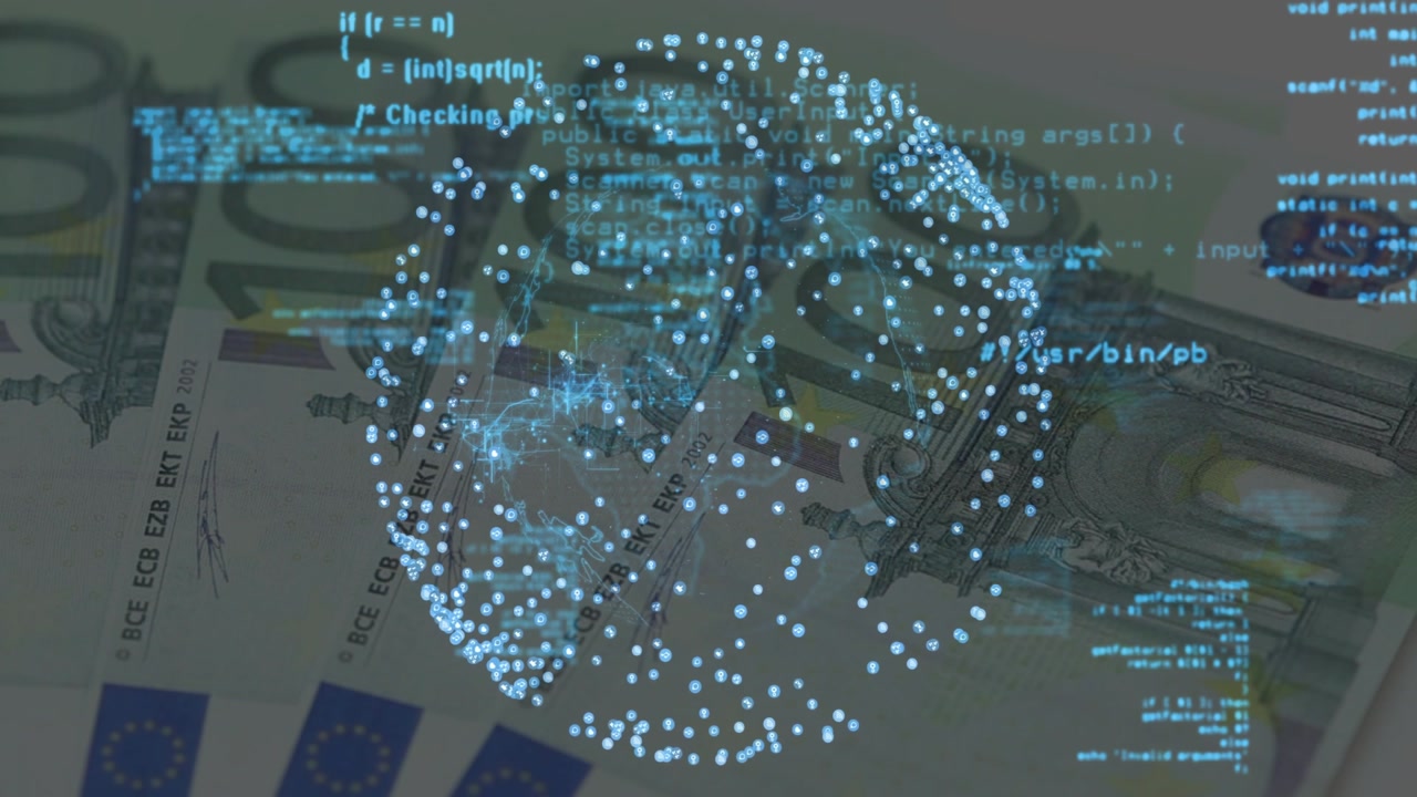 Digital globe rotating, code scrolling, hand touching note shifting bills, visualizing finance data