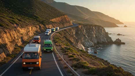 a scenic coastal drive: vintage vans navigate stunning cliffside roads during golden hour, capturing the essence of adventure and freedom by the sea