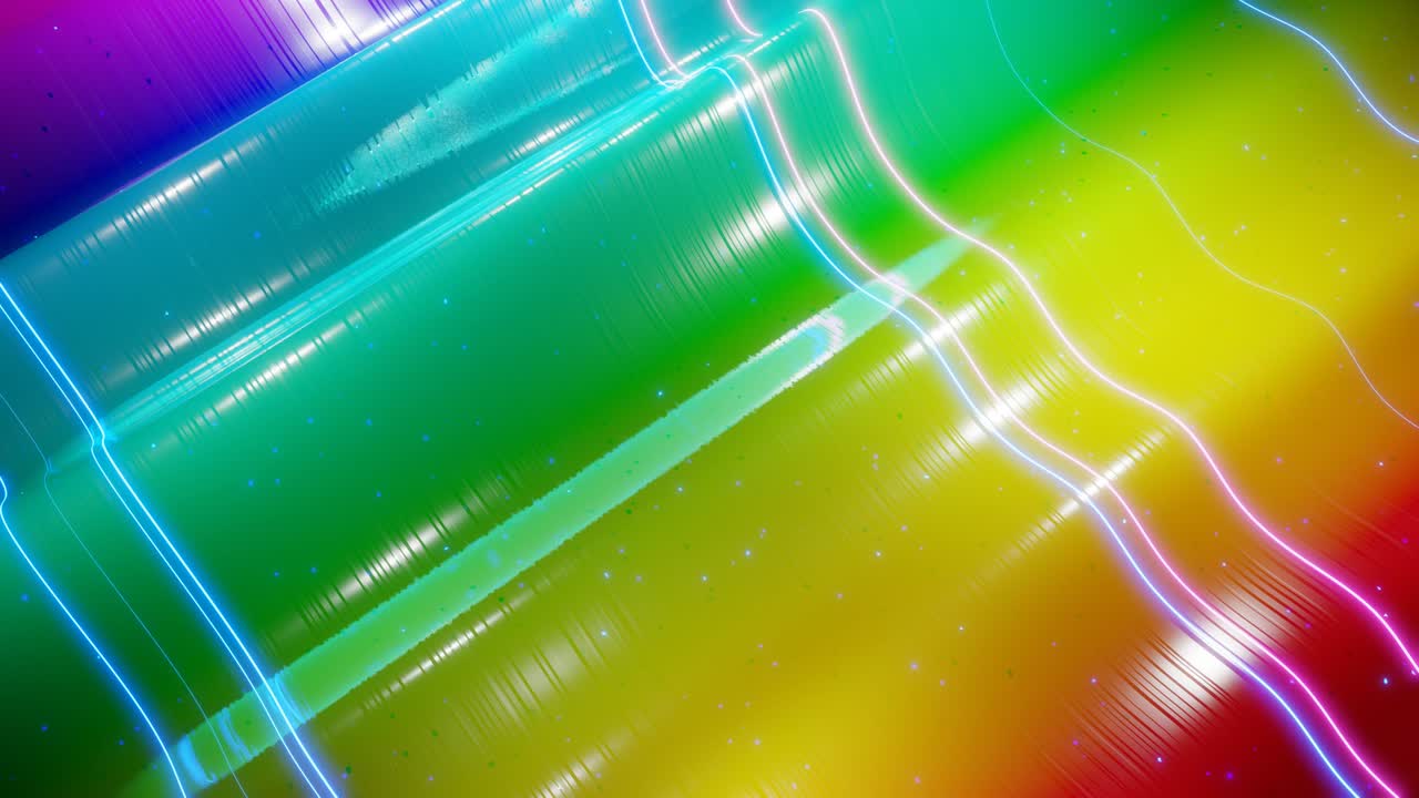 superficie 3d abstracta con hermosas olas, chispas luminosas y gradiente de color brillante, colores del arco iris. las olas corren en una superficie muy brillante y brillante con brillo brillante y líneas de brillo. animación en bucle de 4k