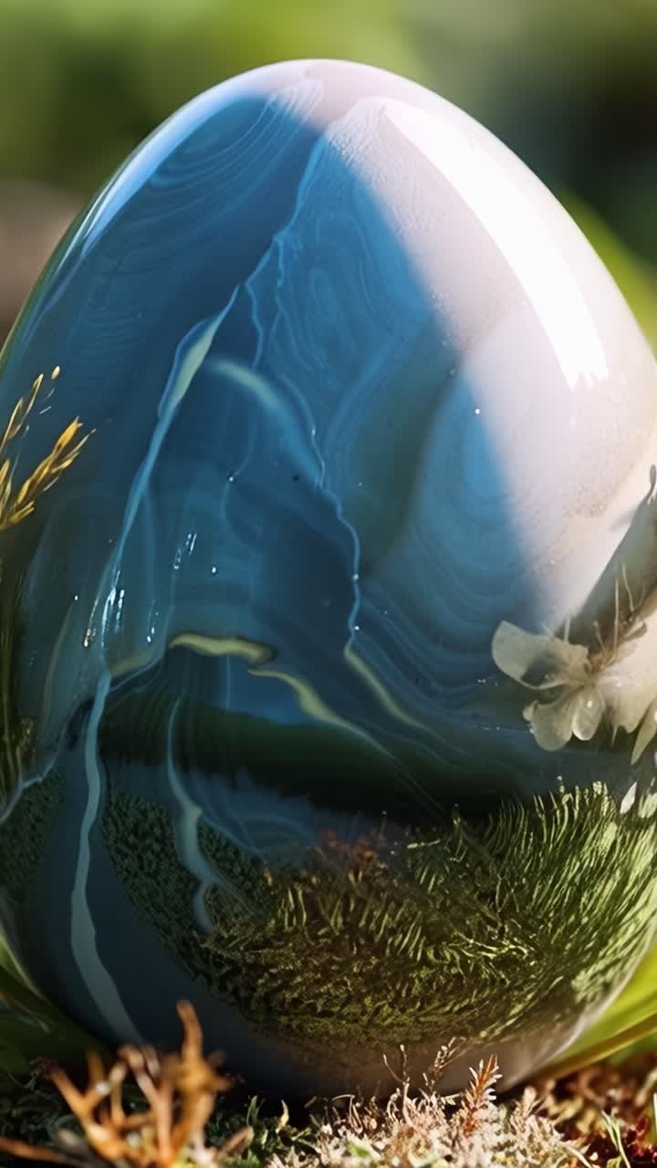 A Stunningly Crafted Decorative Egg Reflecting Nature's Beauty with Exterior Swirls and Interior Floral Elegance Amidst a Lush Greenery Background