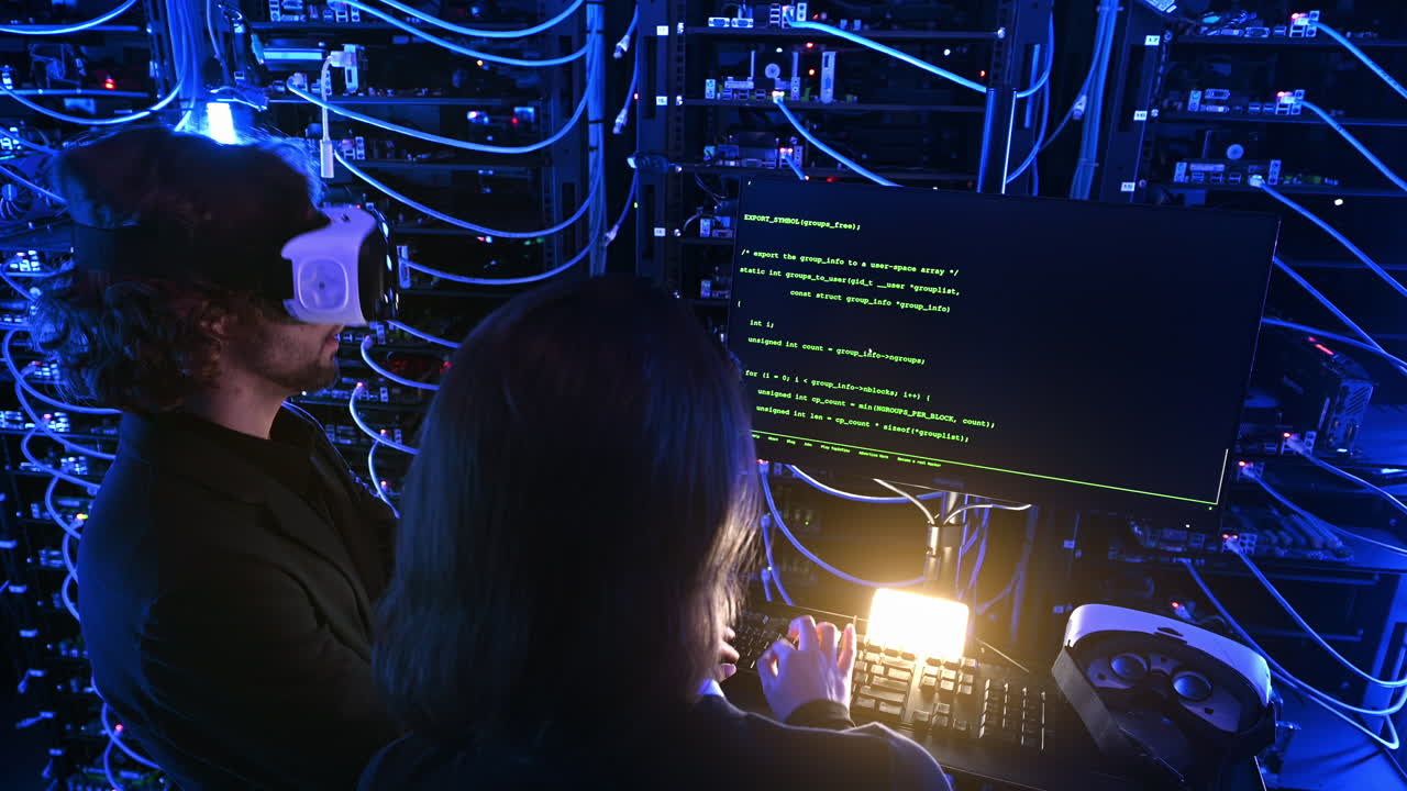 Woman programming in a server room while a man is using a Virtual Reality headset