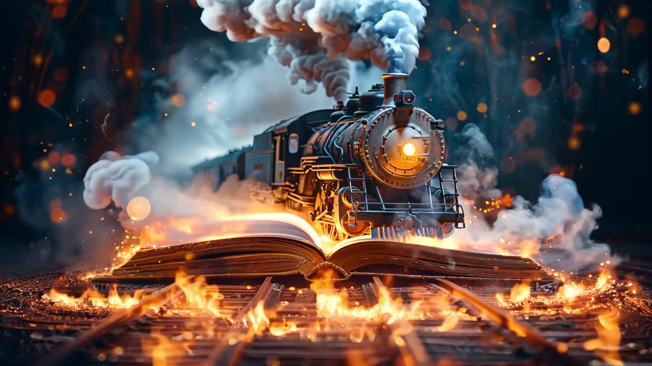 A train is on top of an open book, with smoke and steam coming out of the engine. The scene is dramatic and intense, with the train seemingly on fire. Concept of danger and excitement