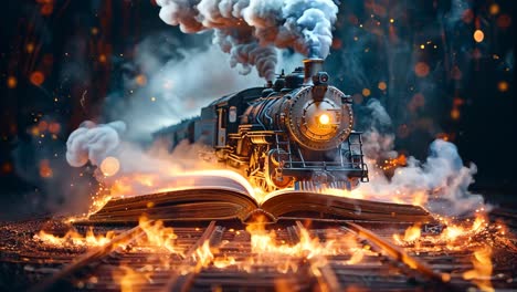 A train is on top of an open book, with smoke and steam coming out of the engine. The scene is dramatic and intense, with the train seemingly on fire. Concept of danger and excitement