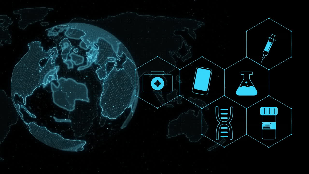 검은 바탕에 있는 의료 아이콘과 지구의 애니메이션